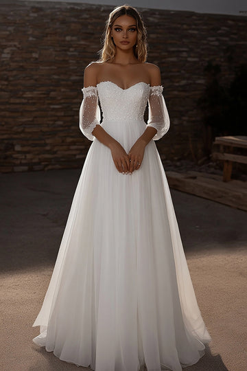 Sweetheart Une ligne Tulle Demi Illusion Manches Ivoire Robe de mariée